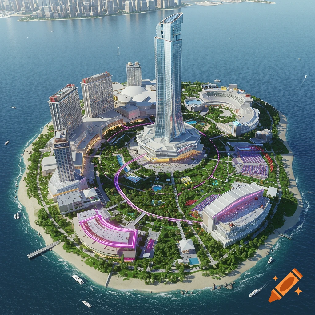 Aerial view of a futuristic city complex on a lush green island with tall buildings, casinos, venues, and parks, surrounded by blue water.