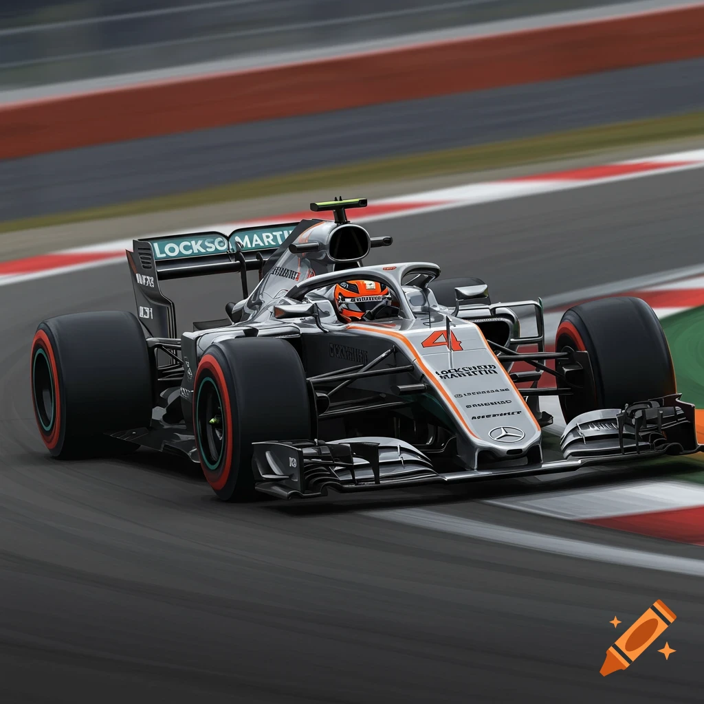A silver and orange Formula 1 race car is on a track.