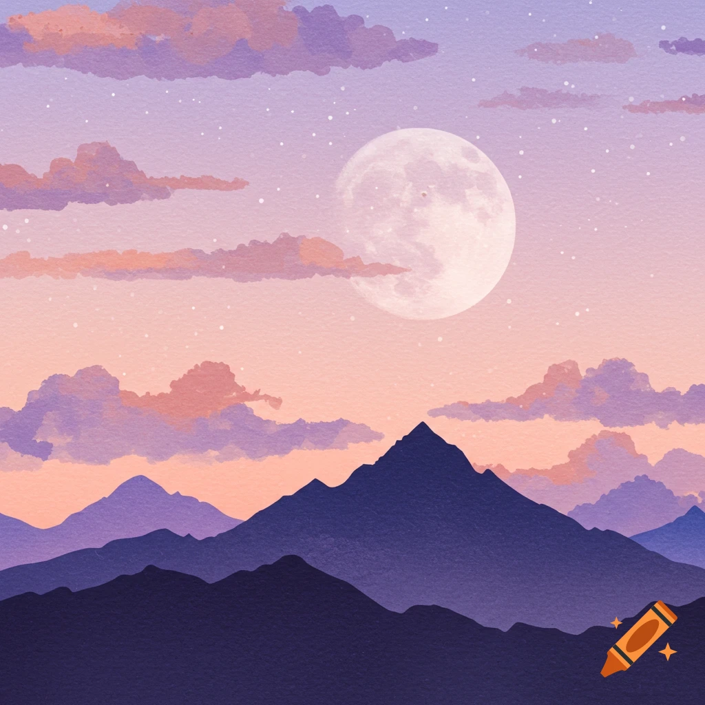 Watercolor painting of a full moon over mountains at twilight