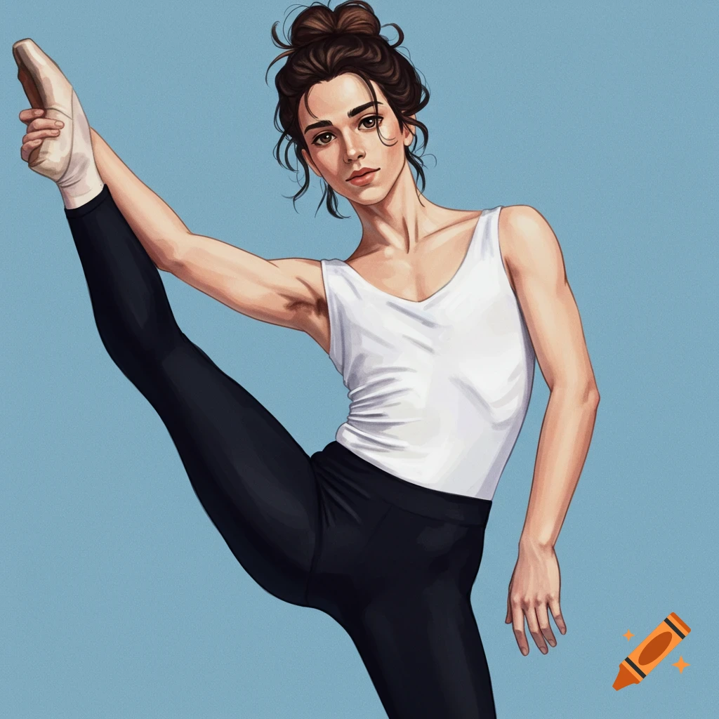 A person in a white tank top and black leggings holds one leg up.