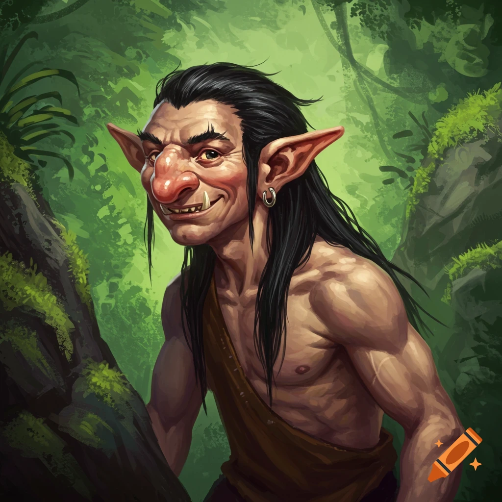 A troll man with long black hair and pointy ears is in a forest.