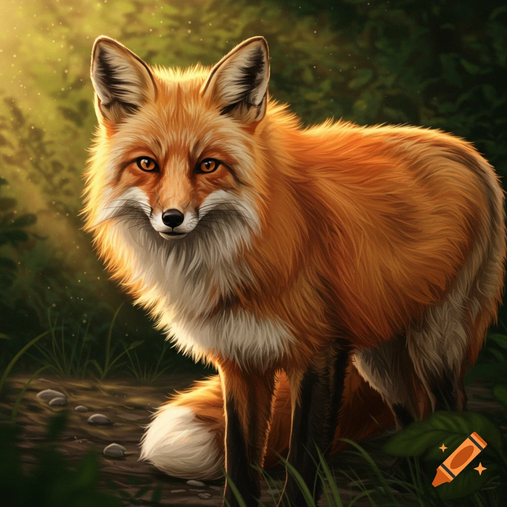 A red fox stands in a forest.