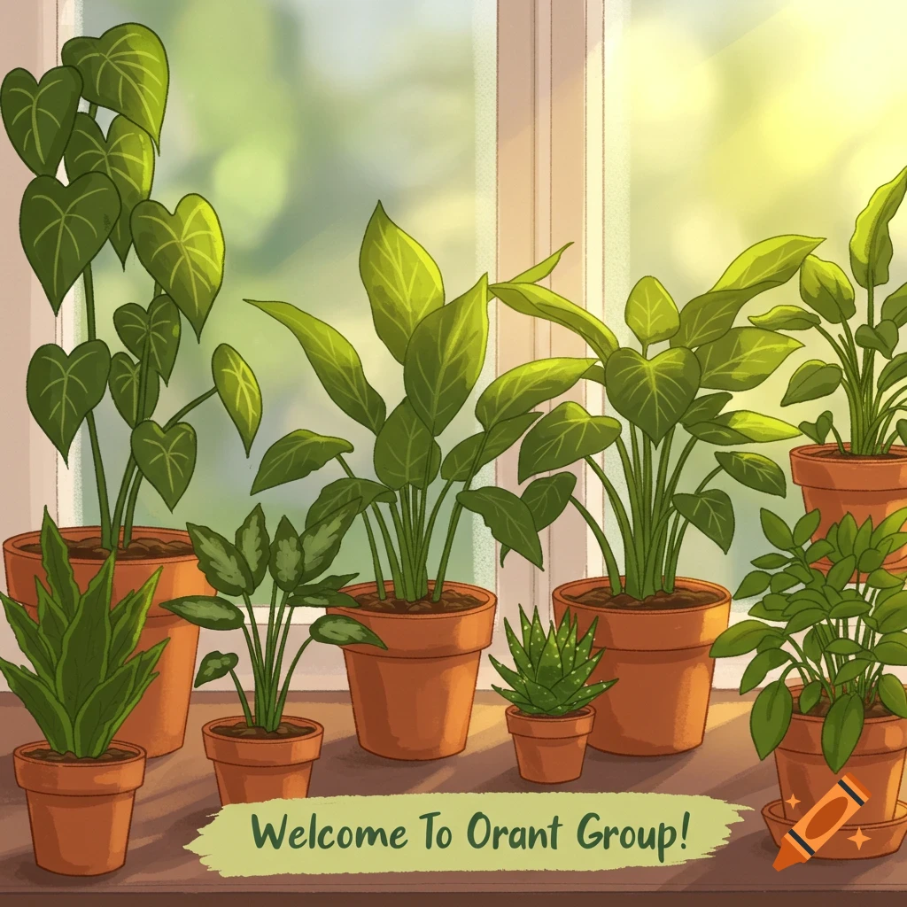Potted plants sit on a table by a window with 'Welcome To Orant Group!' text.