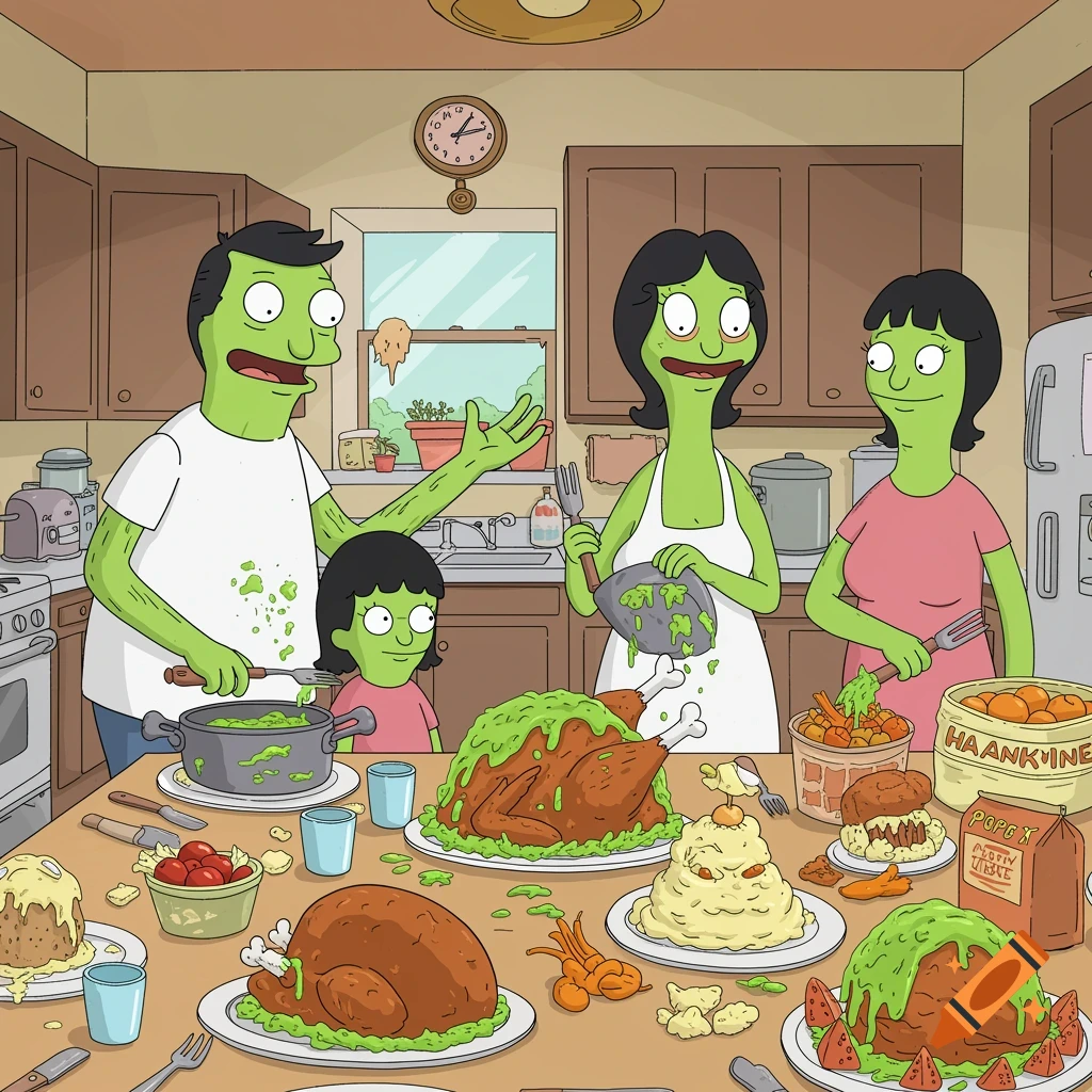 Cartoon green family like Bob's Burgers having a bizarre Thanksgiving dinner in a kitchen.