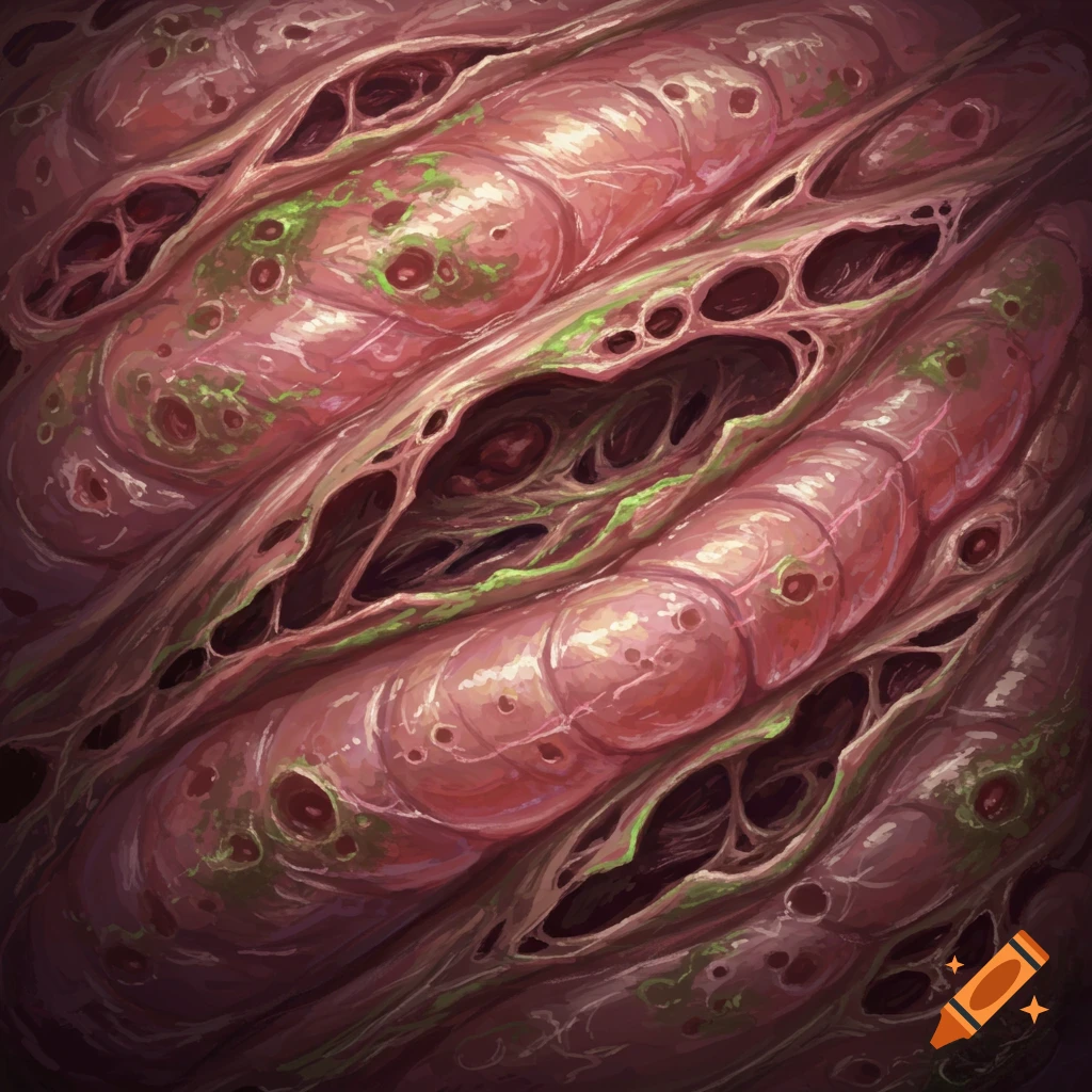 A close-up of abstract decaying organic material with cavities and green patches.