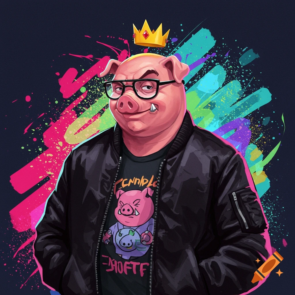 A cartoon pig character is shown wearing glasses, a black jacket, and a t-shirt. It also has a crown and paint splatters.