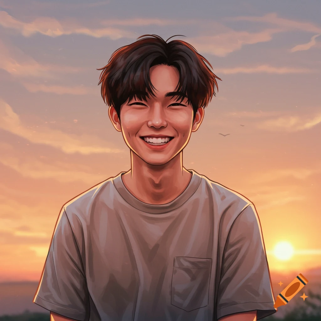 A young man smiling at sunset.