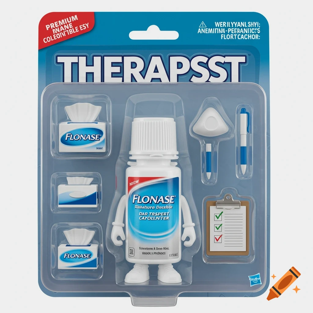Action figure of a Flonase bottle in collectible blister pack with tissue boxes, clipboard, and pen. Toy packaging style.