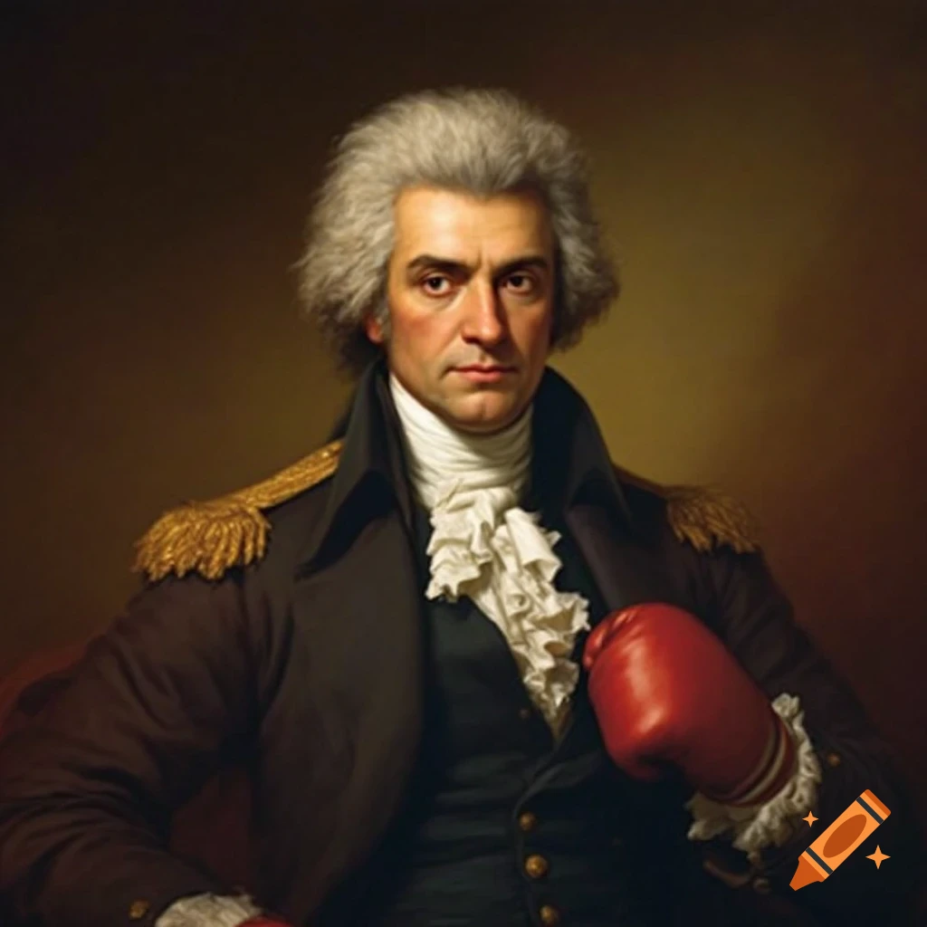 Portrait painting of a man in 18th-century clothing and boxing gloves.