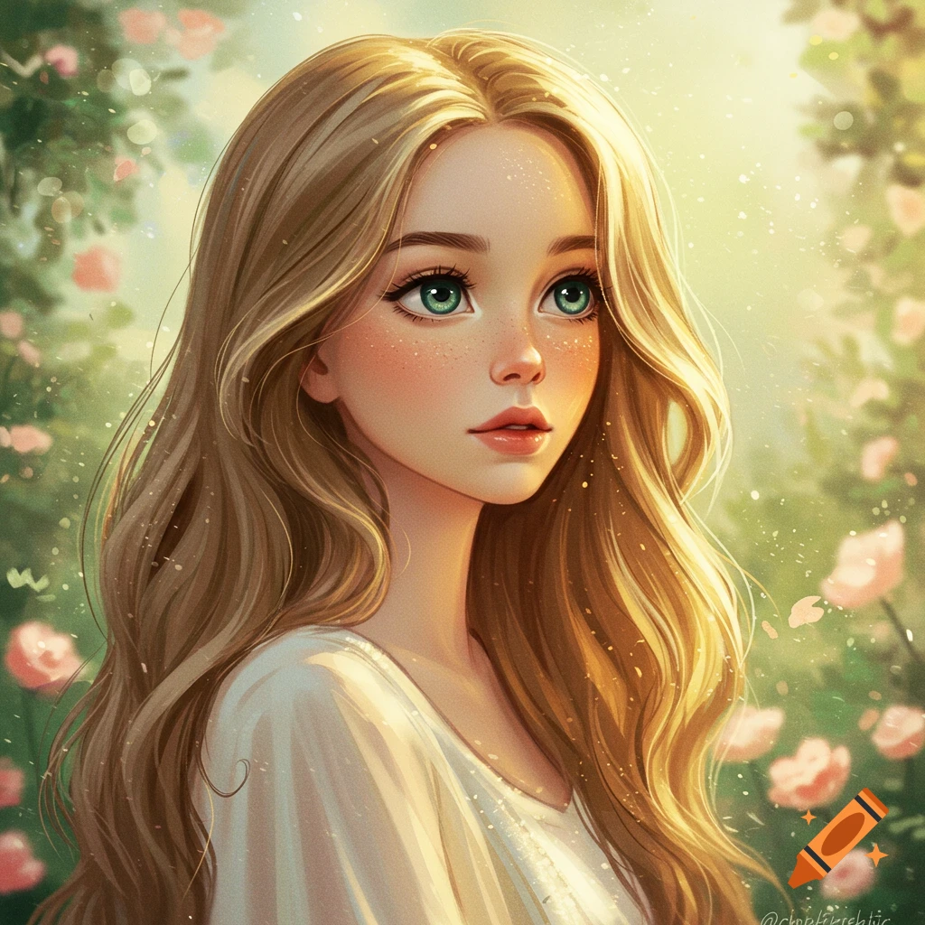 A young woman with blonde hair and green eyes is in a sunlit garden with flowers.