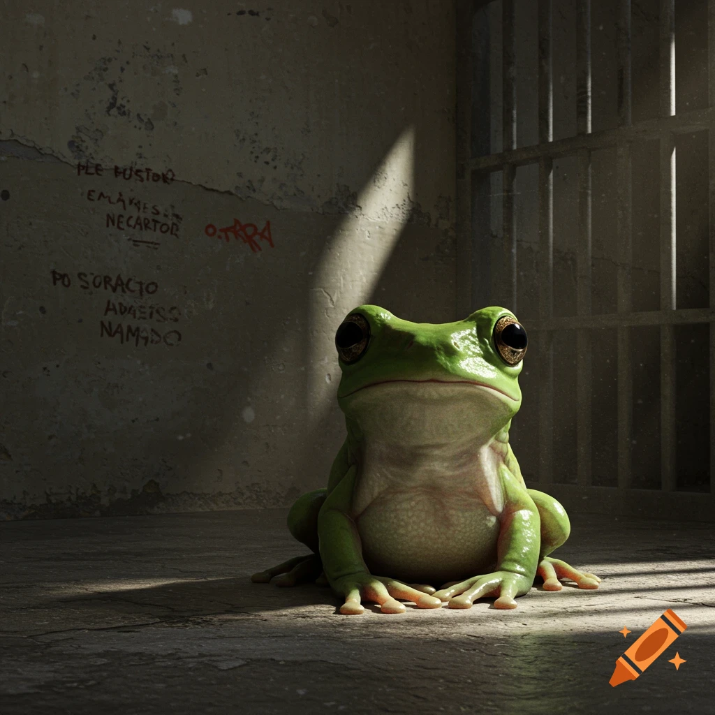 A frog sitting in a prison cell with graffiti on the wall.