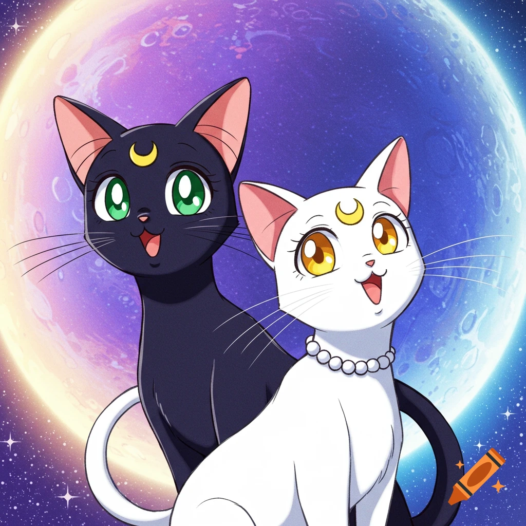 Black and white anime cats with crescent moon symbols sit in front of a large planet in space.
