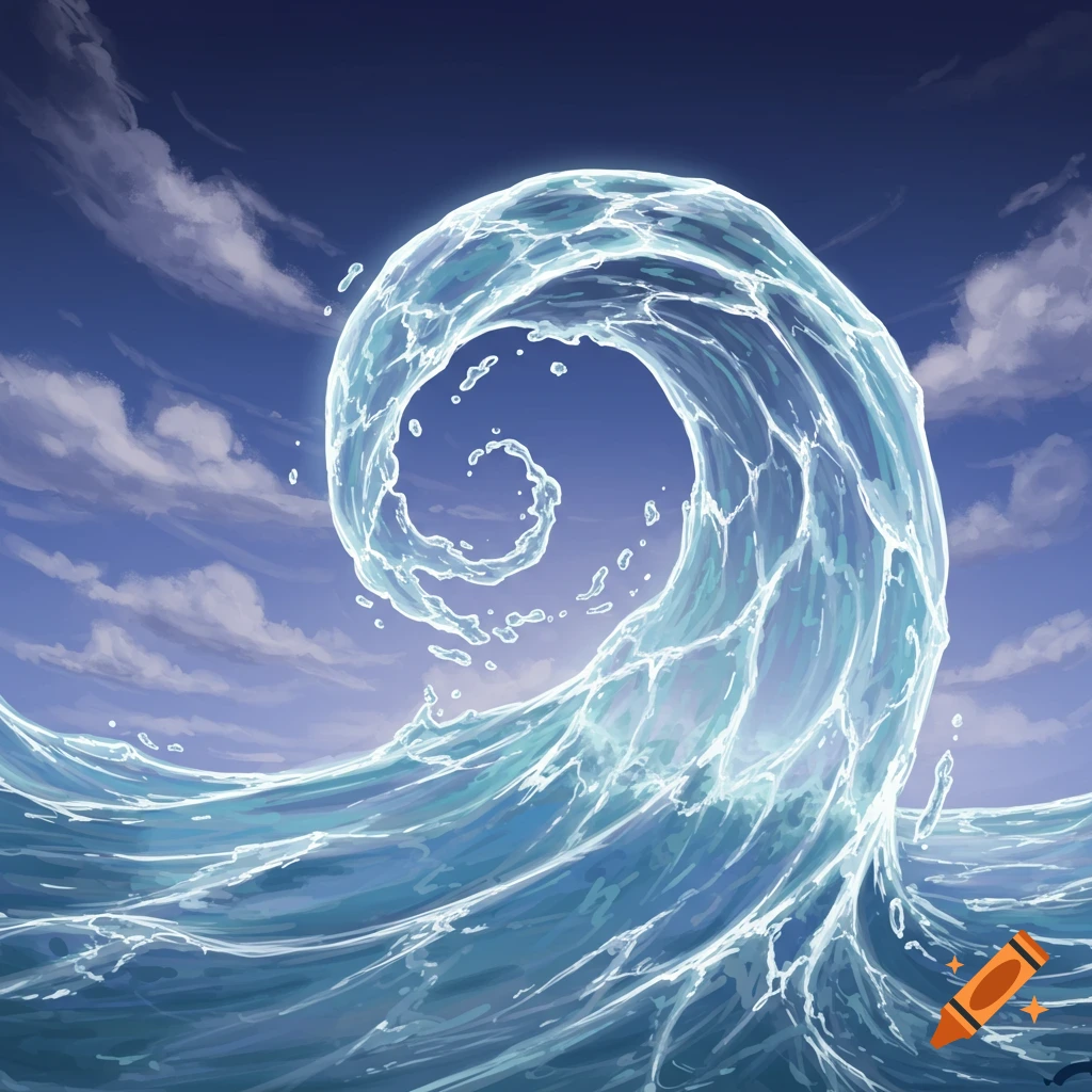 An ethereal blue wave spiraling upwards against a sky with clouds.