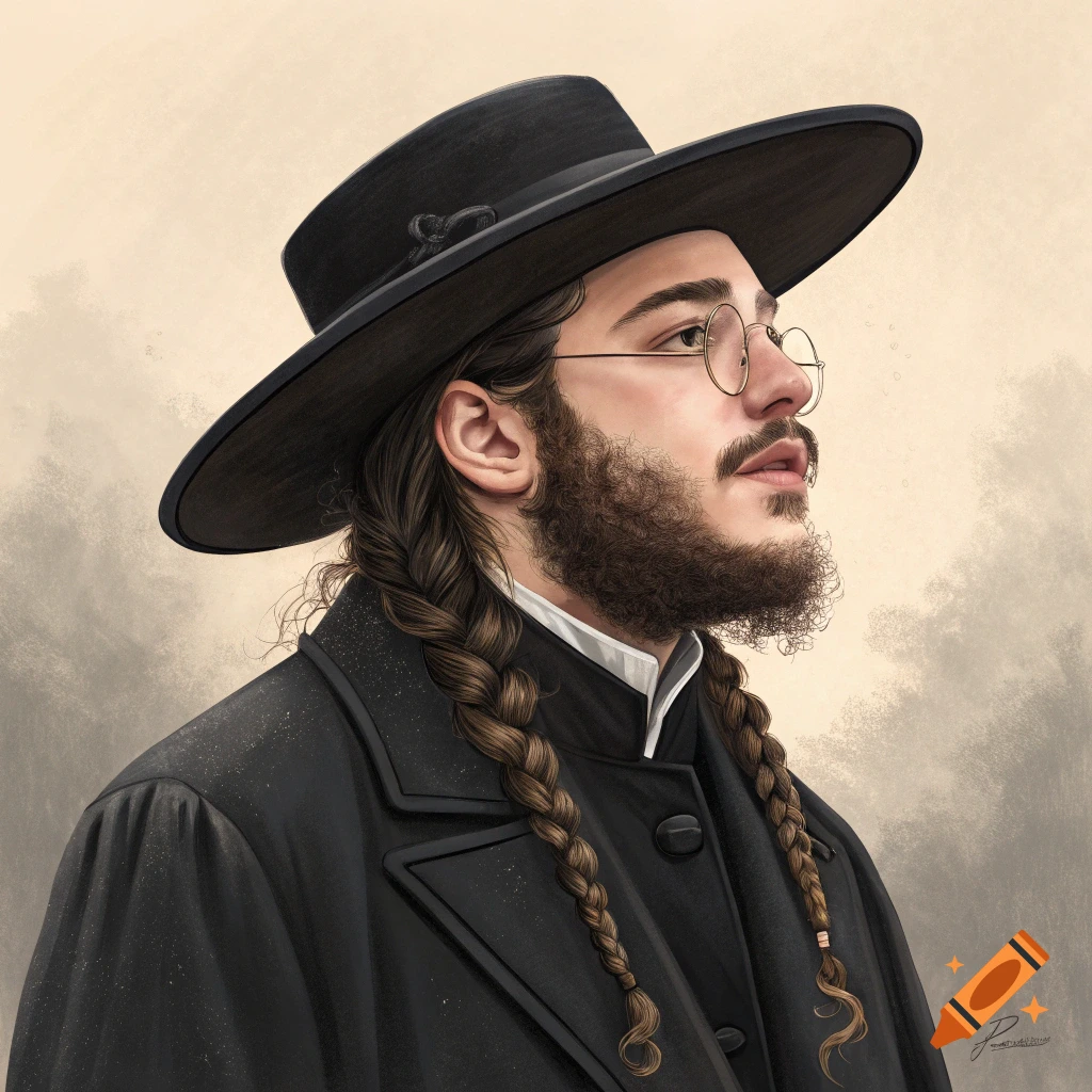 Portrait of a man with a beard, glasses, braided sidelocks, wearing a black hat and coat in an illustration style.
