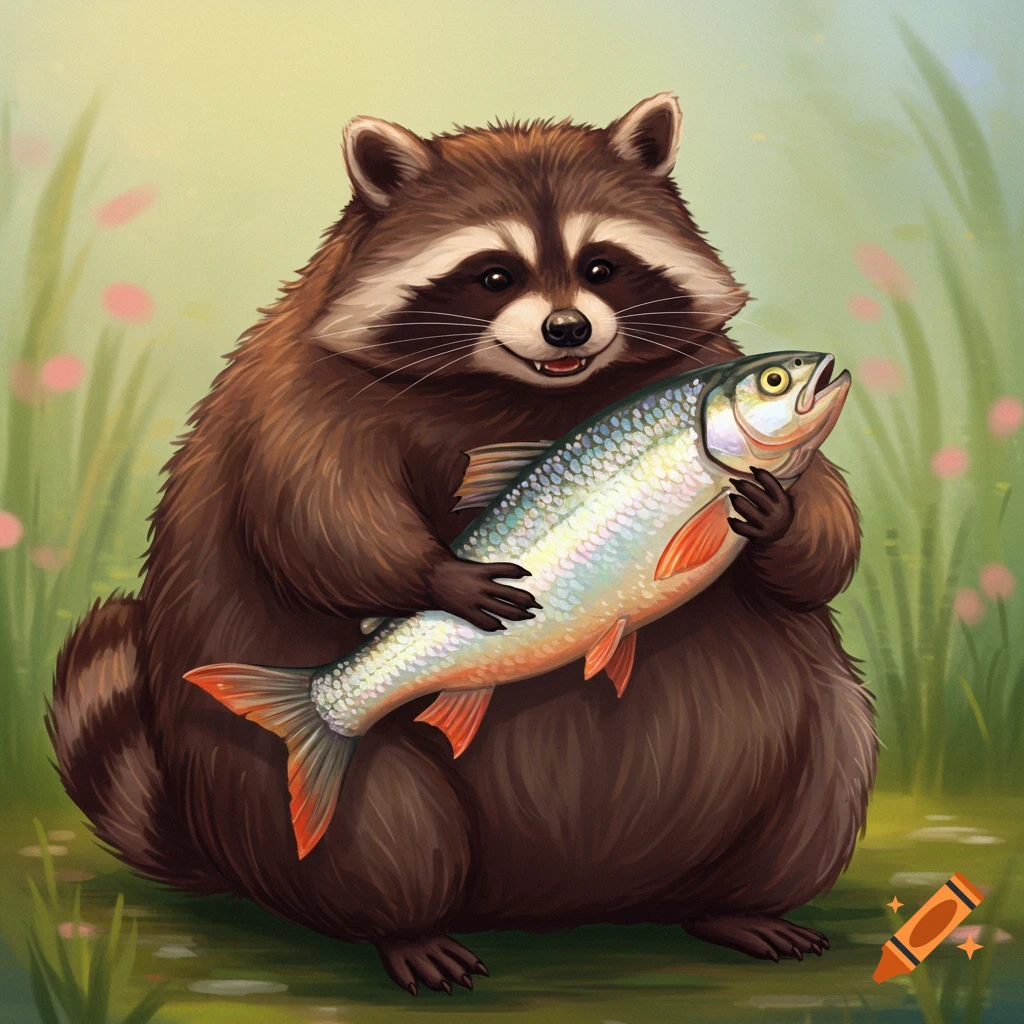 A fat raccoon holds a large fish.