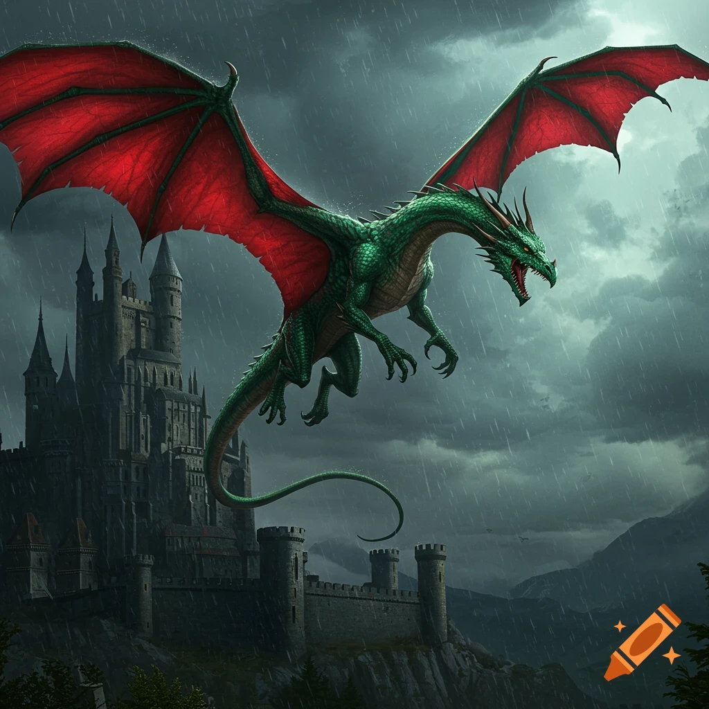 A green dragon with red wings flies towards a dark castle in the rain under a stormy sky.