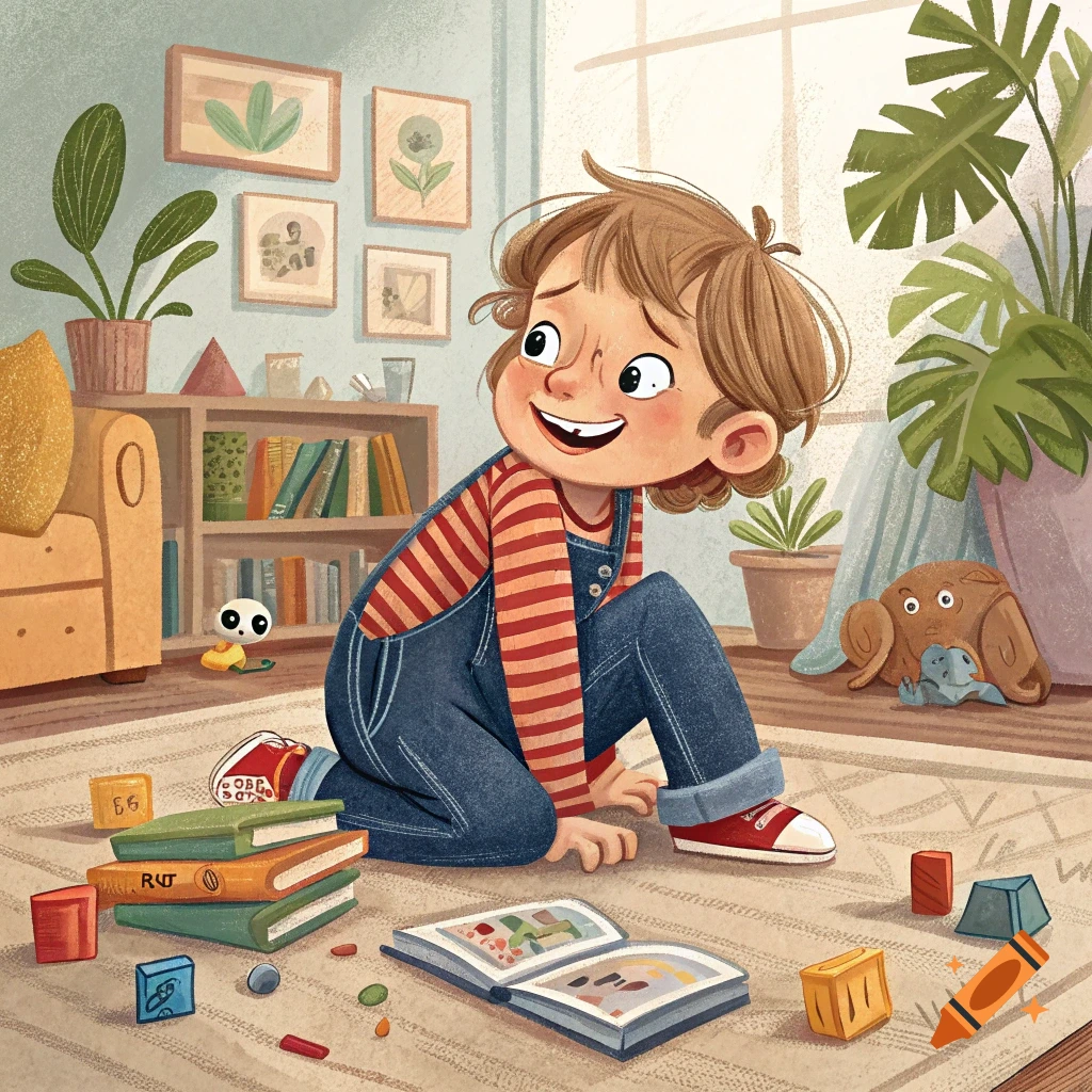 Illustration of a cheerful child playing on the floor with books and toys in a sunlit room.