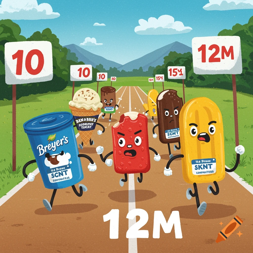 Cartoon ice cream characters including a tub, cone, and popsicles race on a track towards a finish line sign marked "12M".