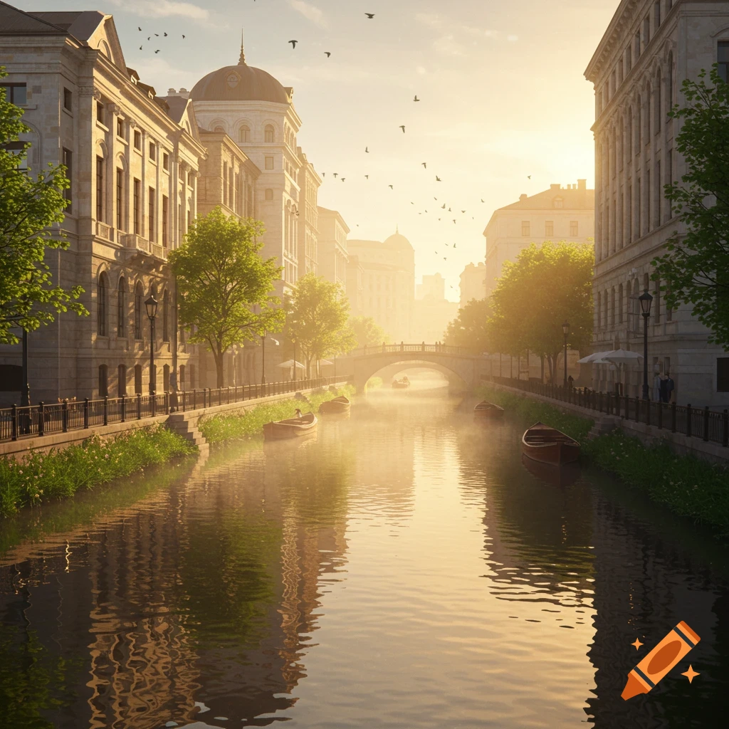 A sunny city canal lined with classical buildings, trees, and boats.