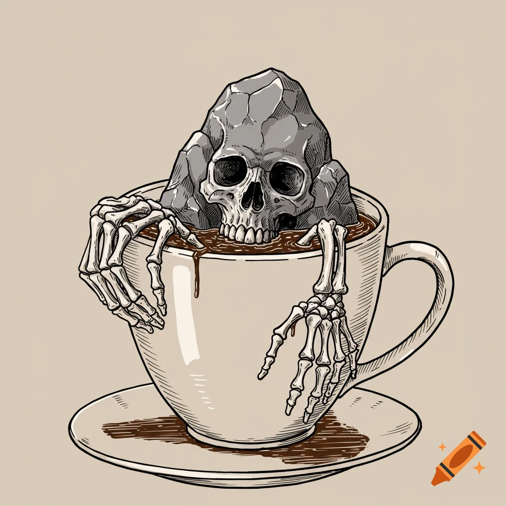 Illustration of a skeleton rock figure with hands reaching out of a coffee cup.