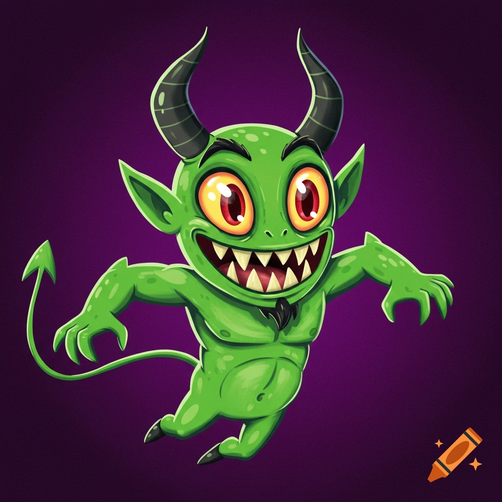 A green cartoon demon floats against a purple background.