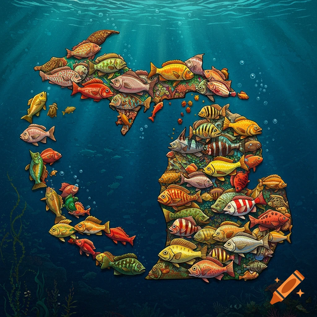 A school of fish forming the shape of Michigan underwater.