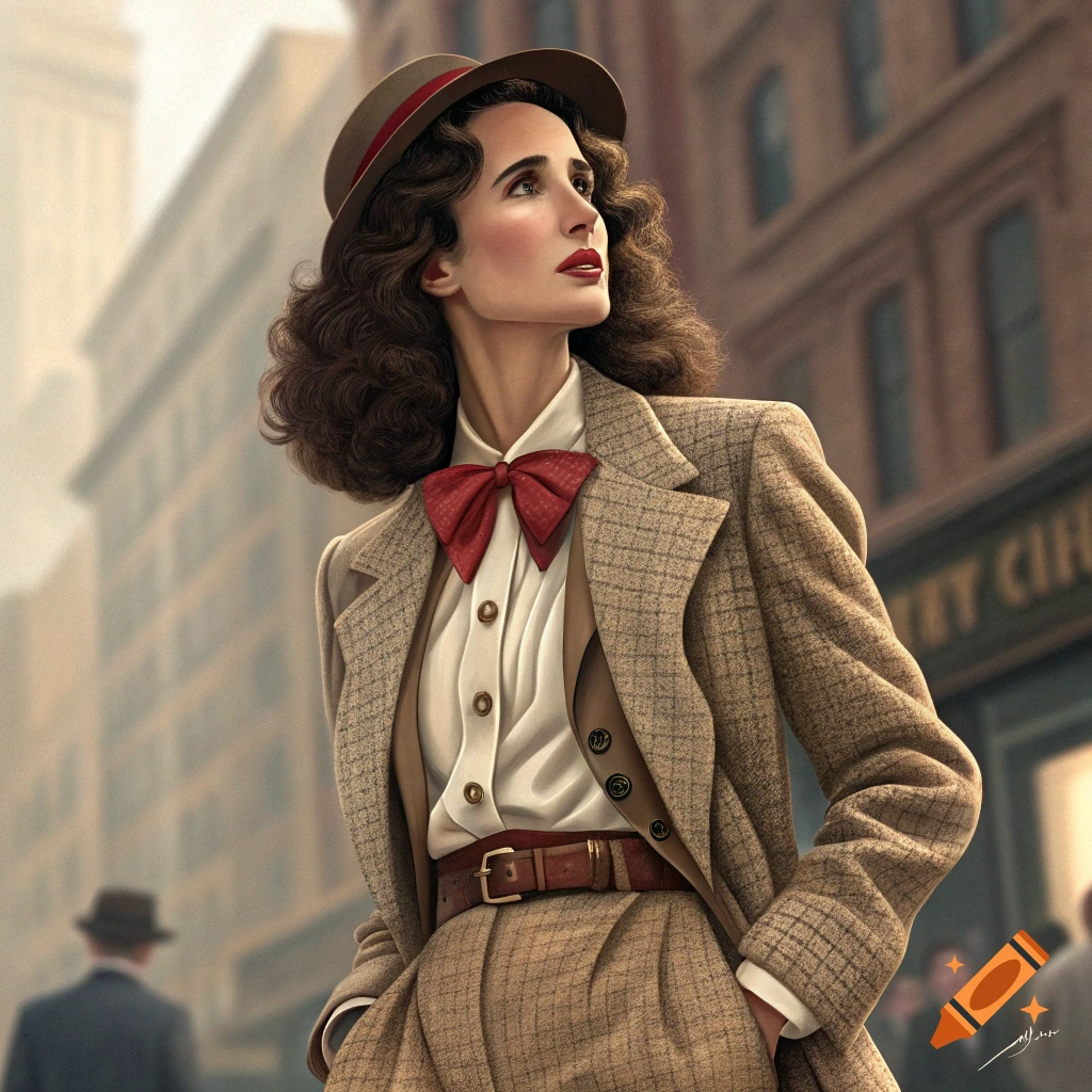 A woman in a tweed suit, hat, and red bow tie stands on a city street, looking up.