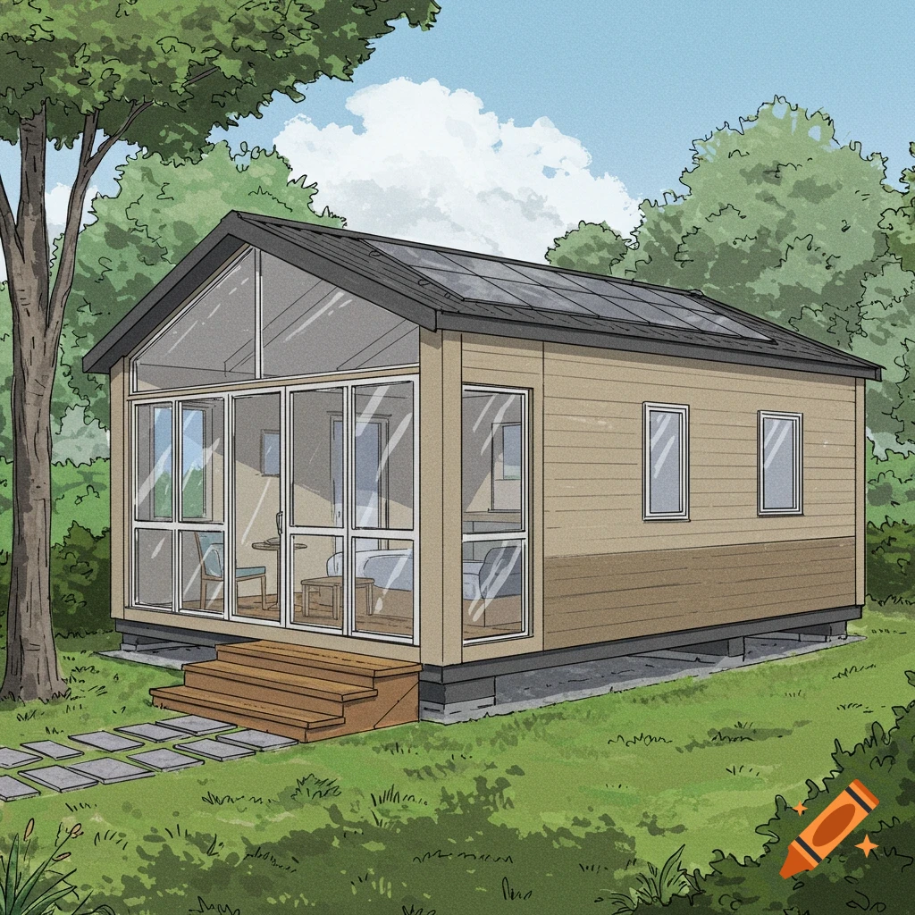 A modern bungalow with large windows, solar panels, and wooden steps, set in a grassy area with trees.