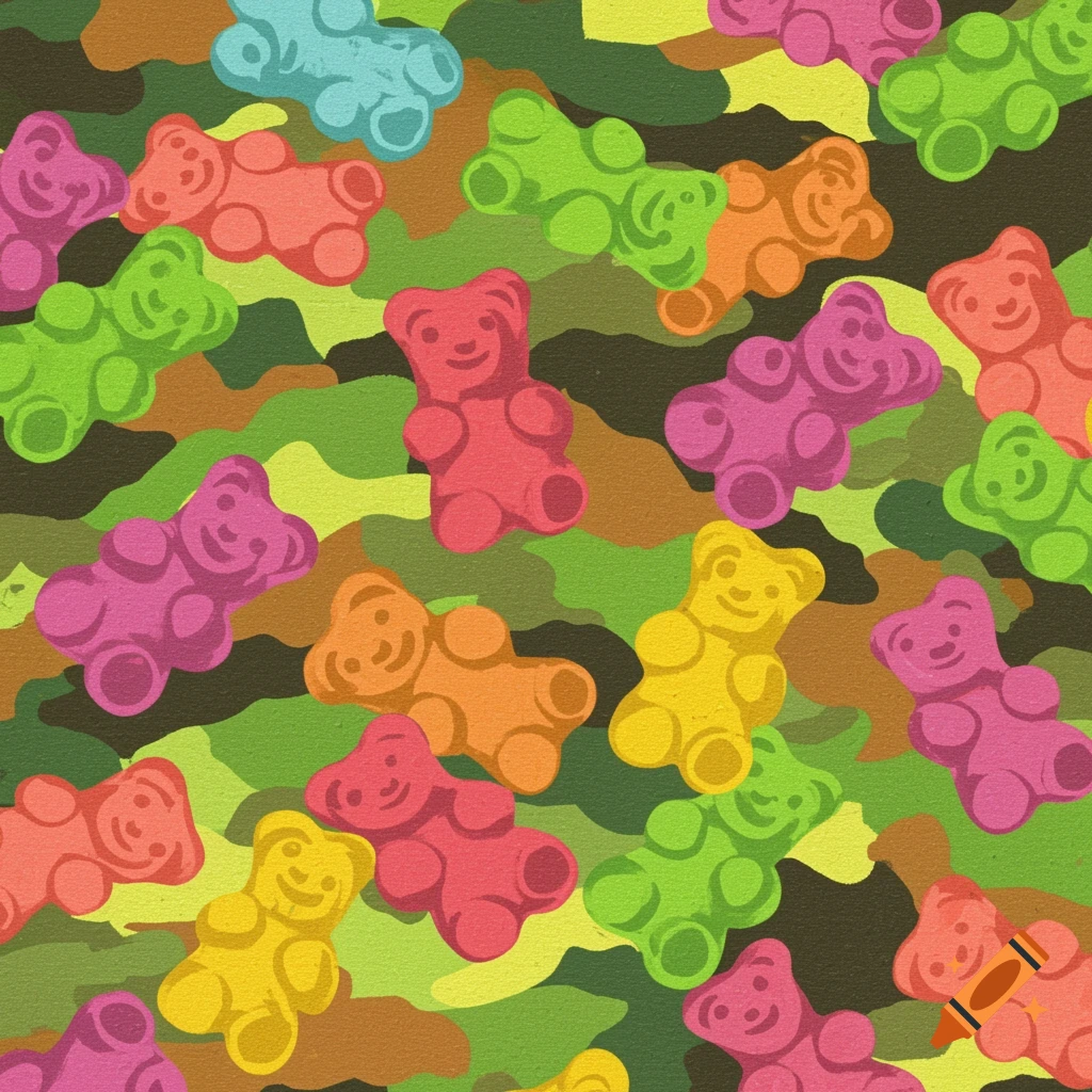 A seamless pattern of colorful gummy bears on a green and brown camouflage background.