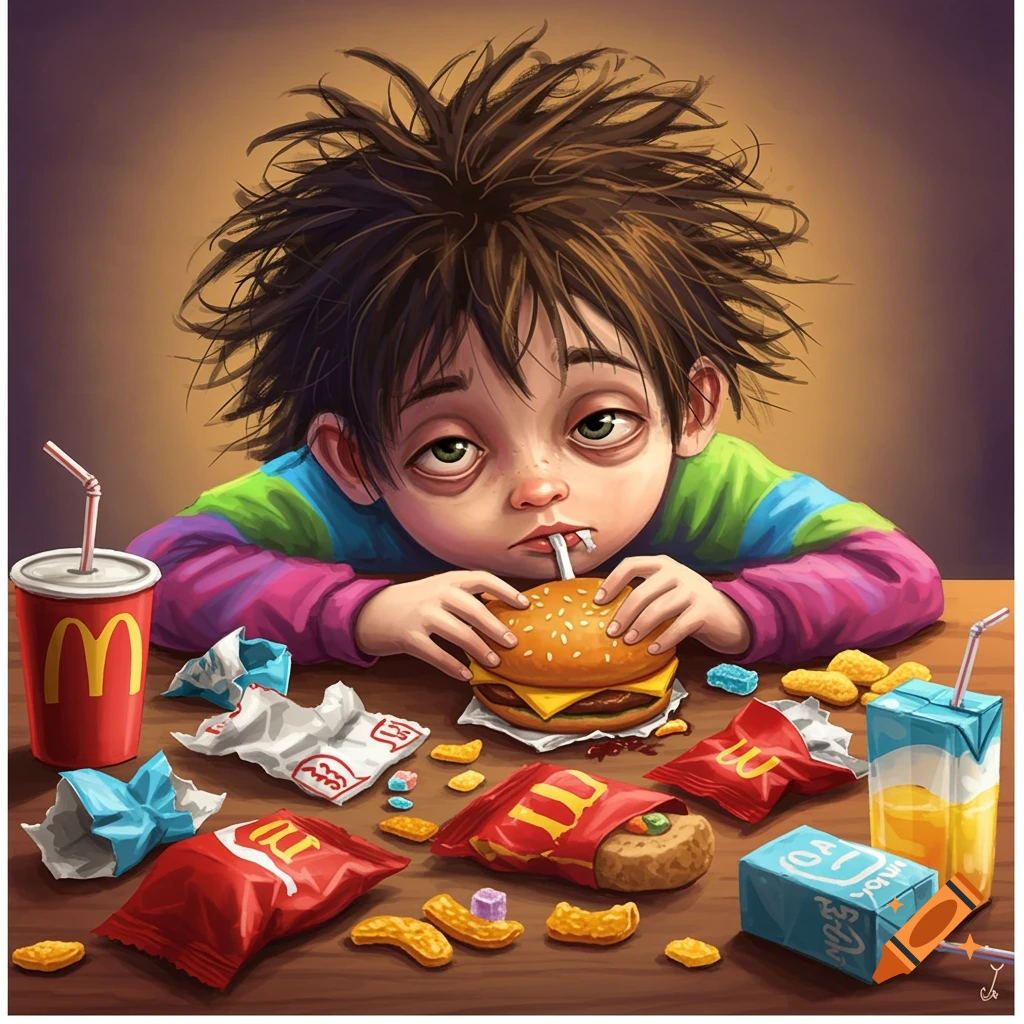 a child eating fast food at a table littered with wrappers