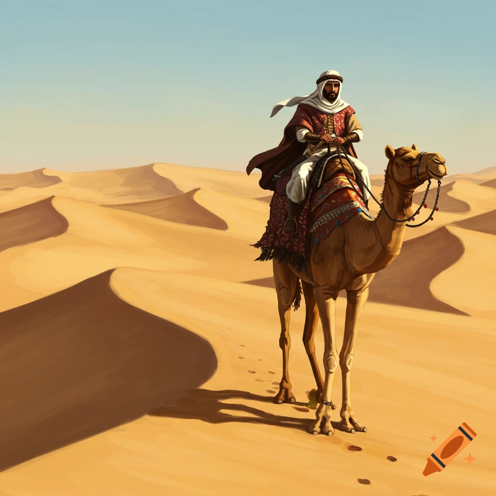 A man riding a camel through a sandy desert.
