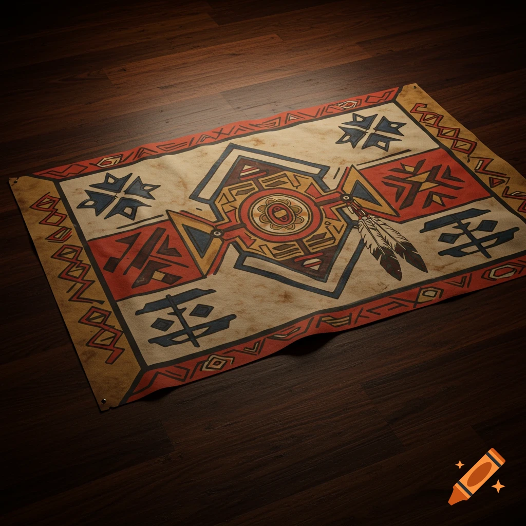 A rug with red, yellow, and blue geometric patterns on a dark wooden floor.
