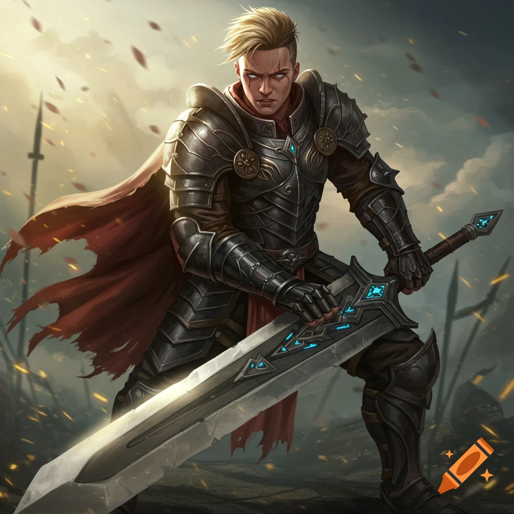A blond warrior in dark armor holding a large sword on a battlefield.