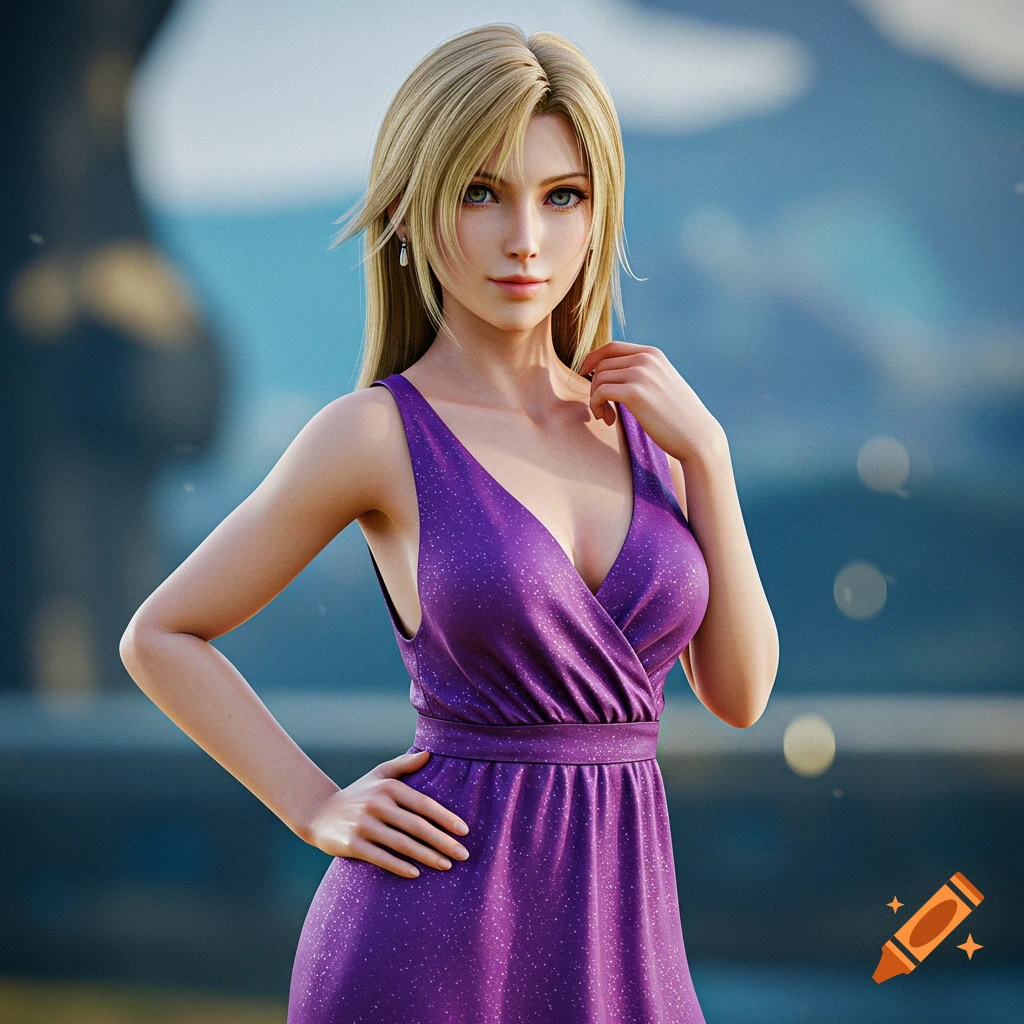 A woman with blonde hair wears a purple sparkly dress in a realistic 3D portrait.
