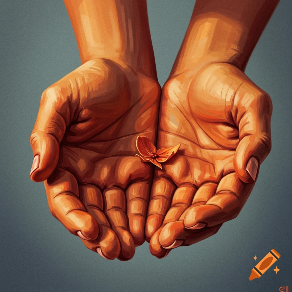 Two cupped hands holding a small orange butterfly.