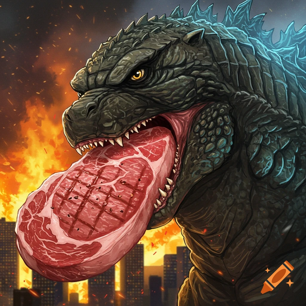 Godzilla eating a large steak over a burning city background.