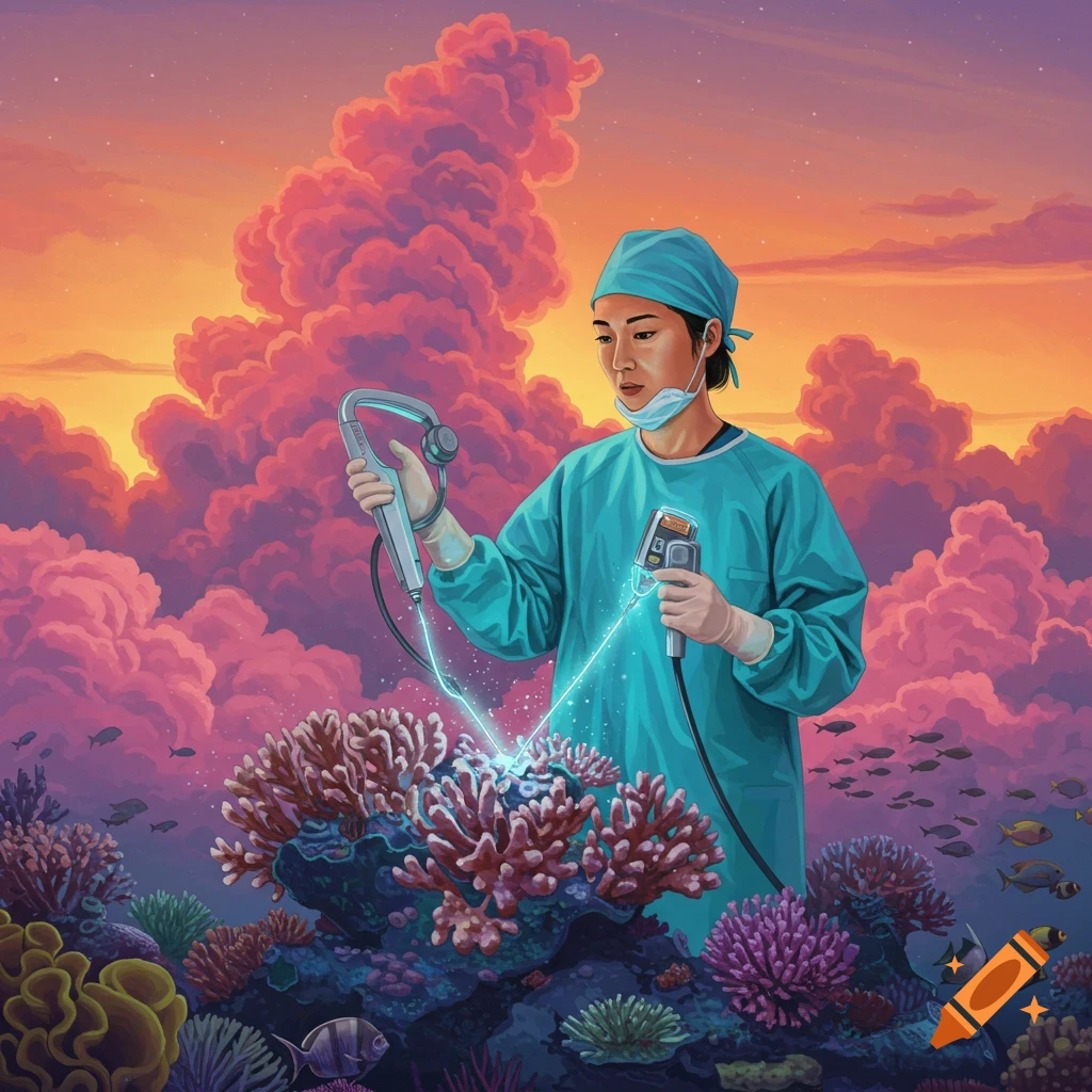 A surgeon is underwater, using a tool to treat a coral reef.