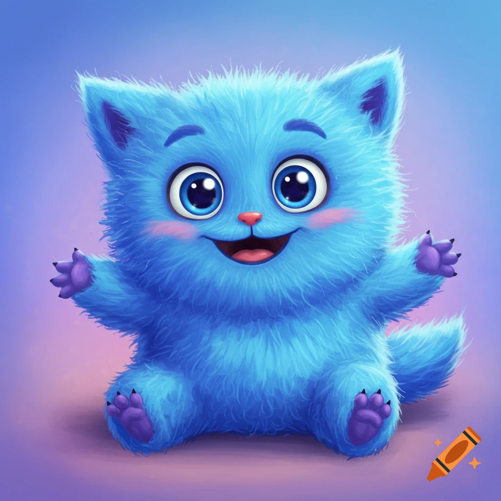 A cute blue furry creature with big eyes and a smile.