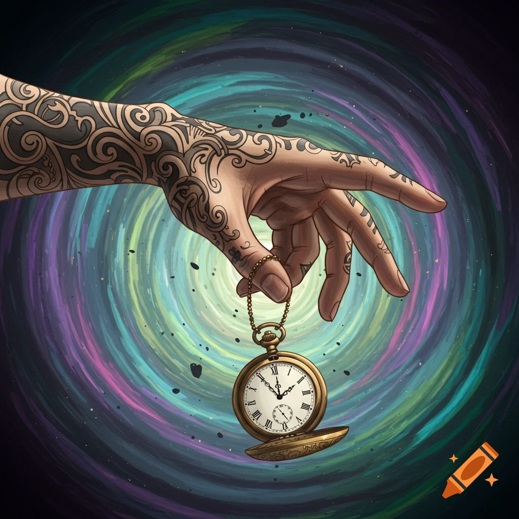 Tattooed hand holding a pocket watch over a colorful swirling galaxy or time vortex.