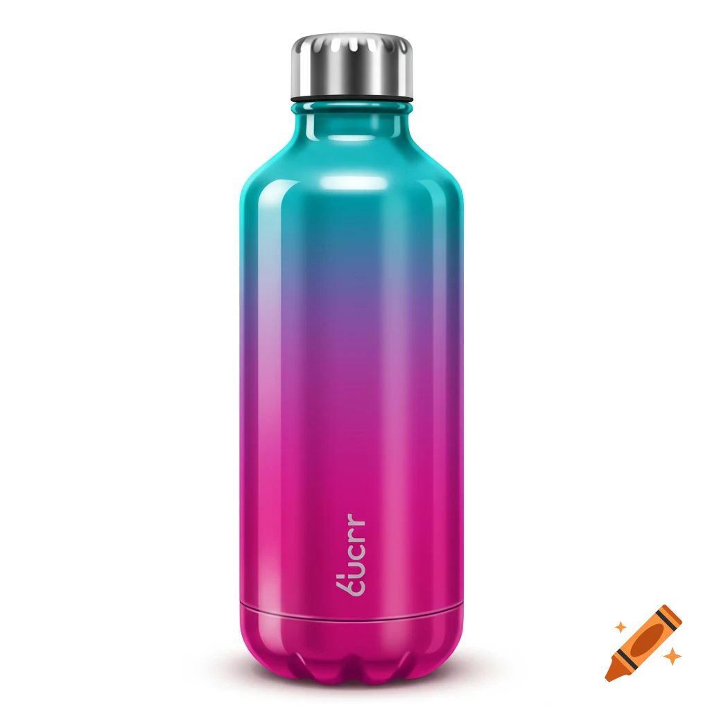 Colorful gradient water bottle with text on the side.