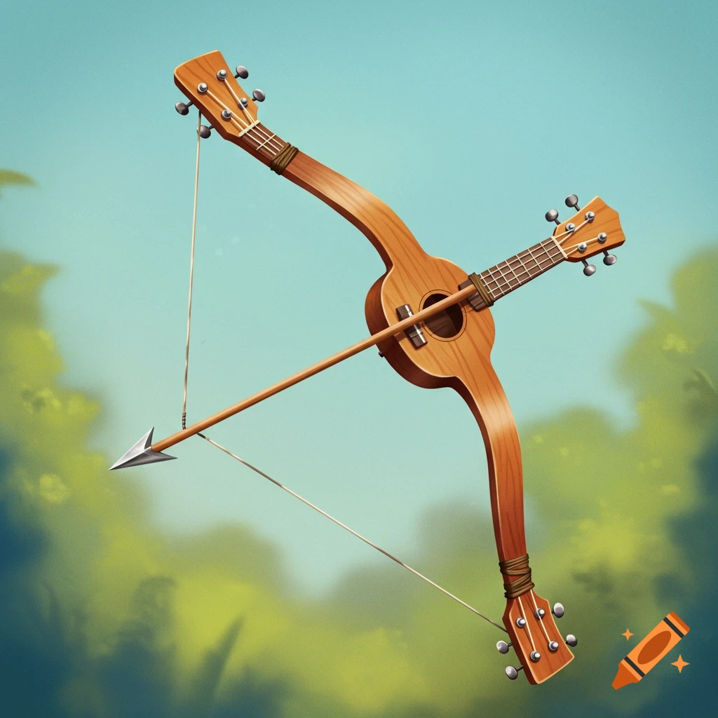 A bow and arrow constructed from a ukulele.