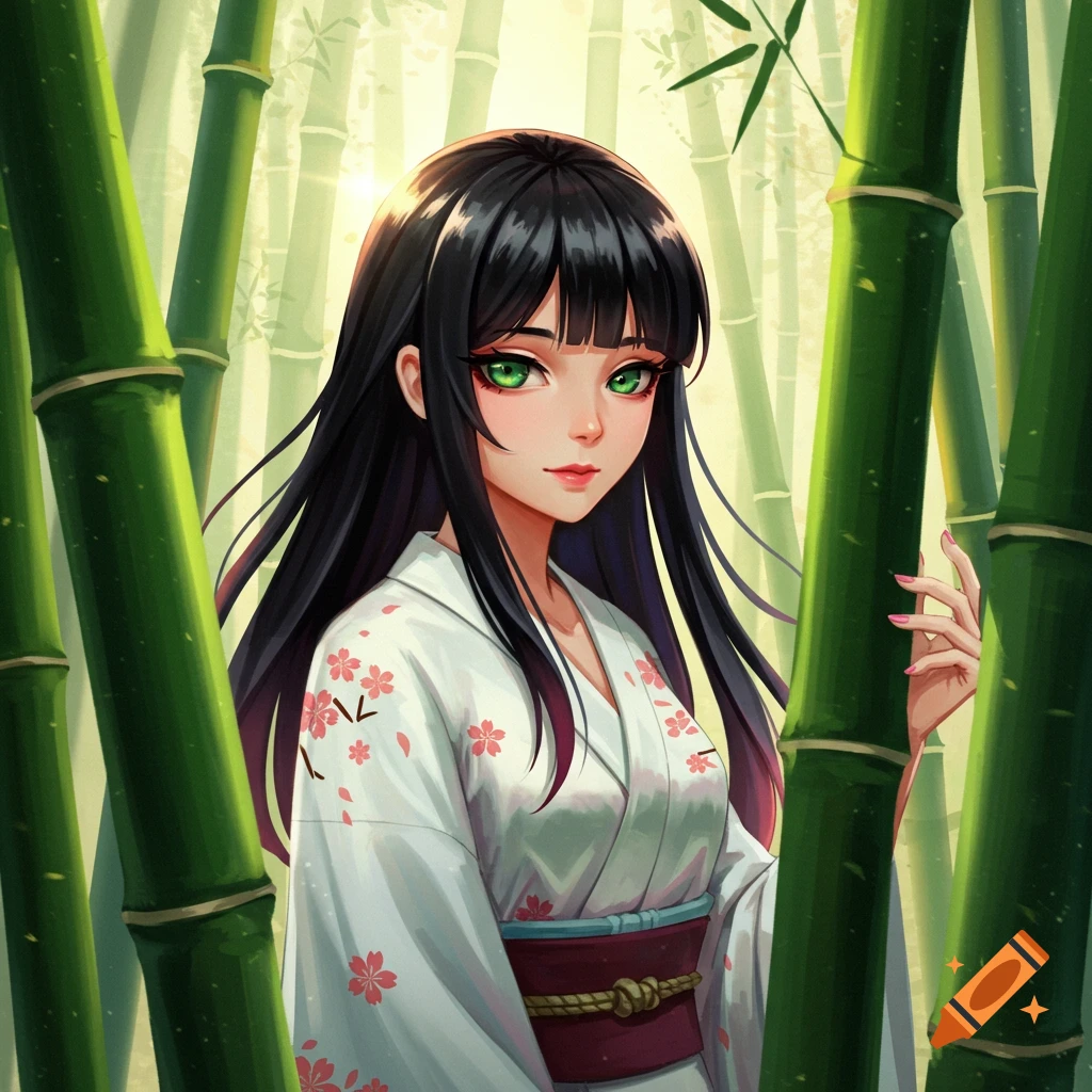 Anime girl in a kimono standing among bamboo