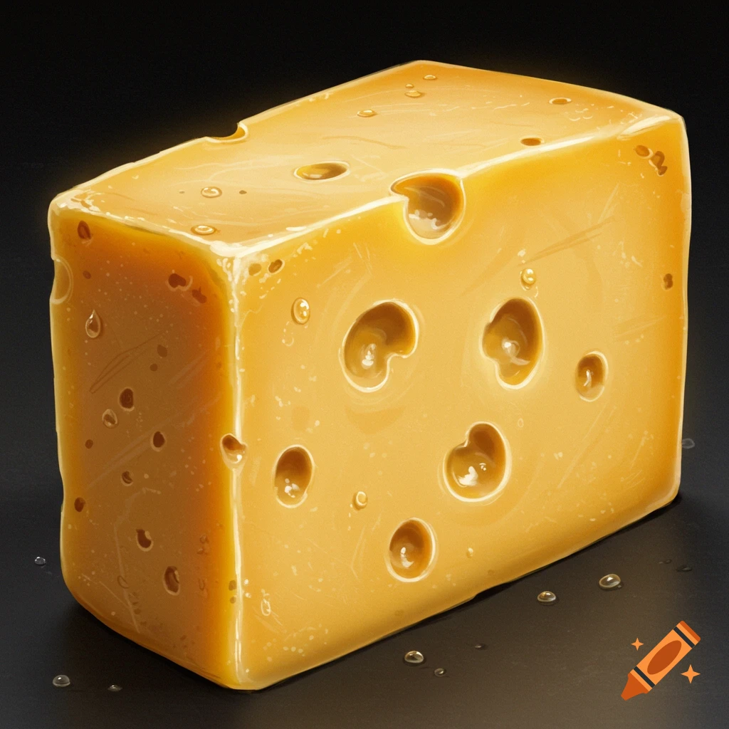 A block of cheese with holes on a dark background.