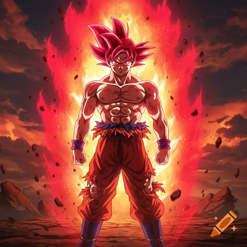 Goku in Super Saiyan God form with a red aura standing in a fiery landscape.