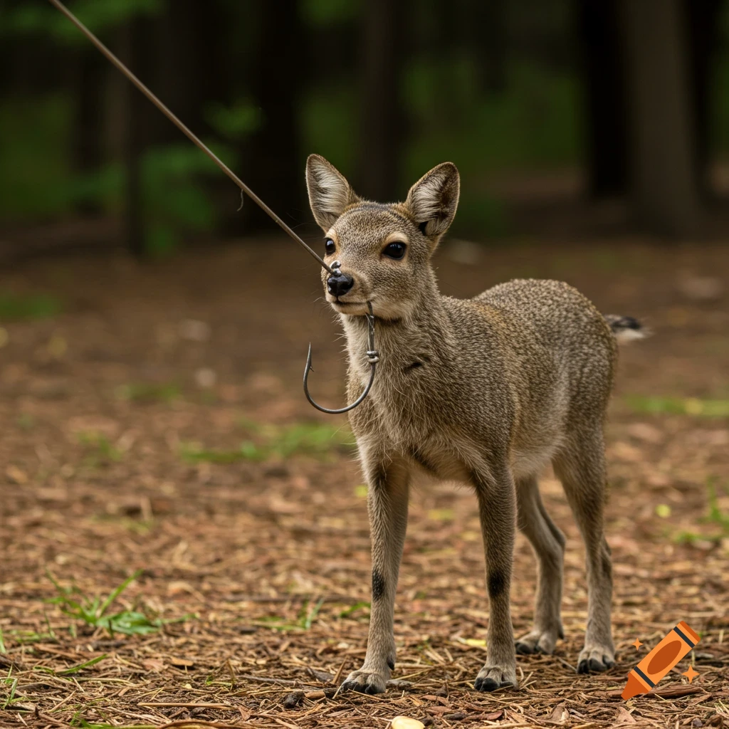 A small deer-like animal stands in a forest with a large fish hook attached to its muzzle.