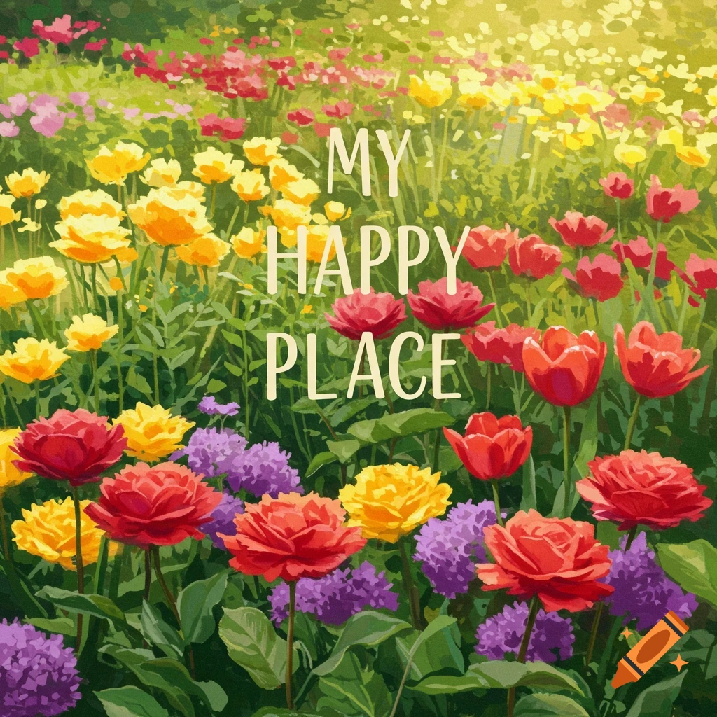 A colorful flower garden with the text MY HAPPY PLACE.