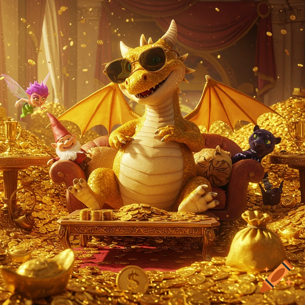 A happy cartoon dragon wearing sunglasses sits on a couch surrounded by gold coins with a fairy, gnome, and black cat friend.