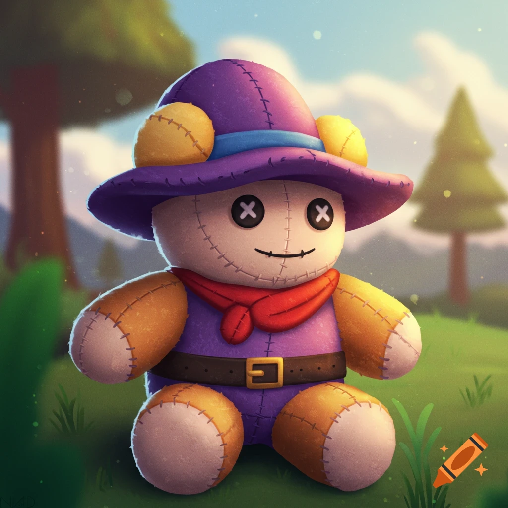A plush toy wearing a purple hat, red scarf, and belt, sitting in a grassy field.