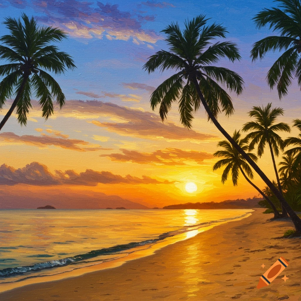 Oil painting of a tropical beach at sunset with palm trees.