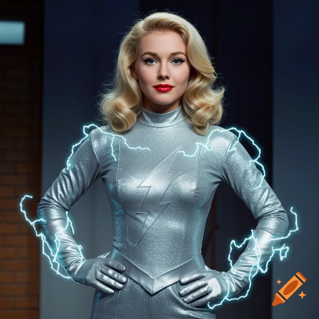 Woman in a silver superhero suit with lightning around her arms, retro style